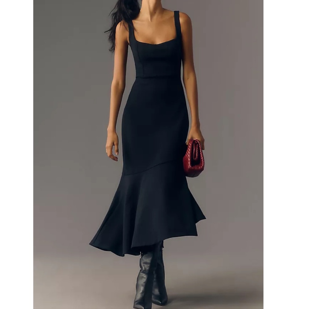 Anthropologie Ariana Square Neck Asymmetrical Ruffle Hem Dress